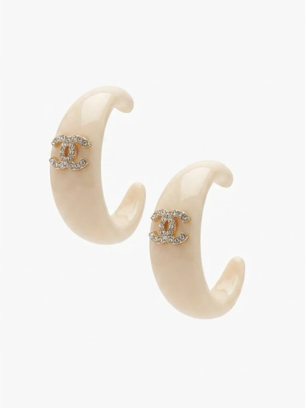 Cream Hoop Earrings with Crystal CC Logos
